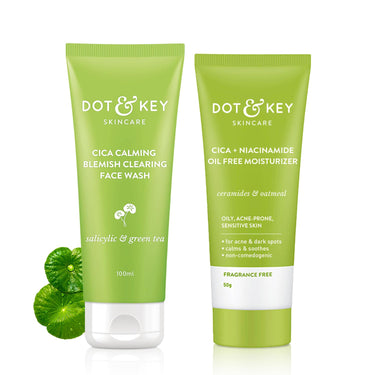Dot & Key Cica Calming Blemish Clearing Face Wash 100ml & Cica & Niacinamide Spot Reduction Oil Free Moisturizer - 50g | For Acne Prone Skin | Skin Care Combo | For Women & Men