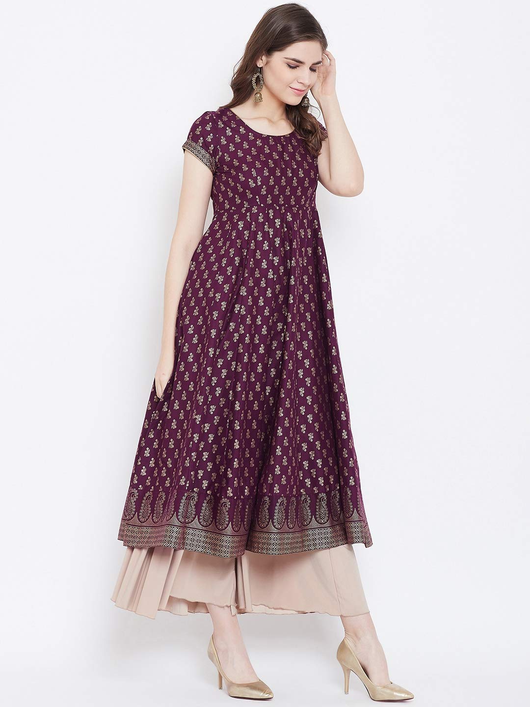 "PH" POSHAKHUB Adorable Women's Soft Cotton Printed Cap Sleeve Anarka Kurti