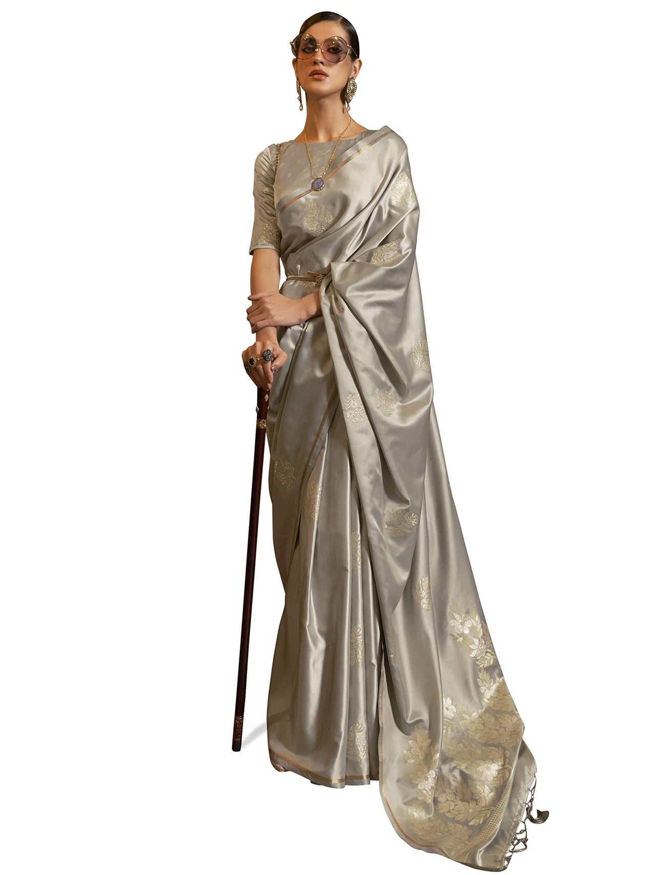 AKHILAM Women's Banarasi Pure Silk Floral Golden Zari Work Woven Design Border Saree with Unstitched Blouse Piece(KSBLE2240_Parent)