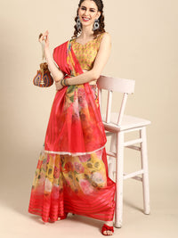 AKHILAM Women's Knit Floral Printed Organza Saree with Unstitched Blouse Piece (FF0SAGE10_Parent)