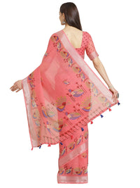 AKHILAM Women's Linen Geometric Saree With Unstitched Boluse Piece