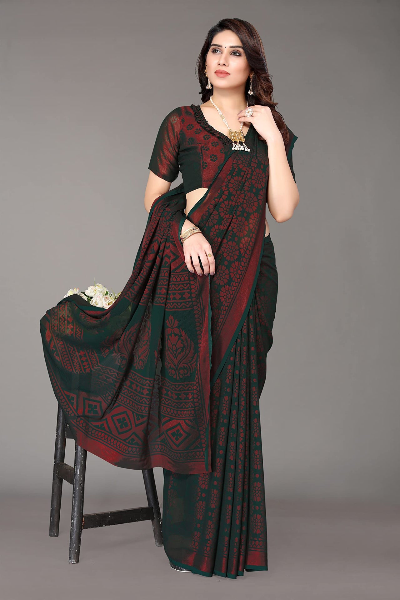 Winza Designer Women's Chiffon Brasso Printed Saree with Blouse Piece (WDP Brasso Malini W)