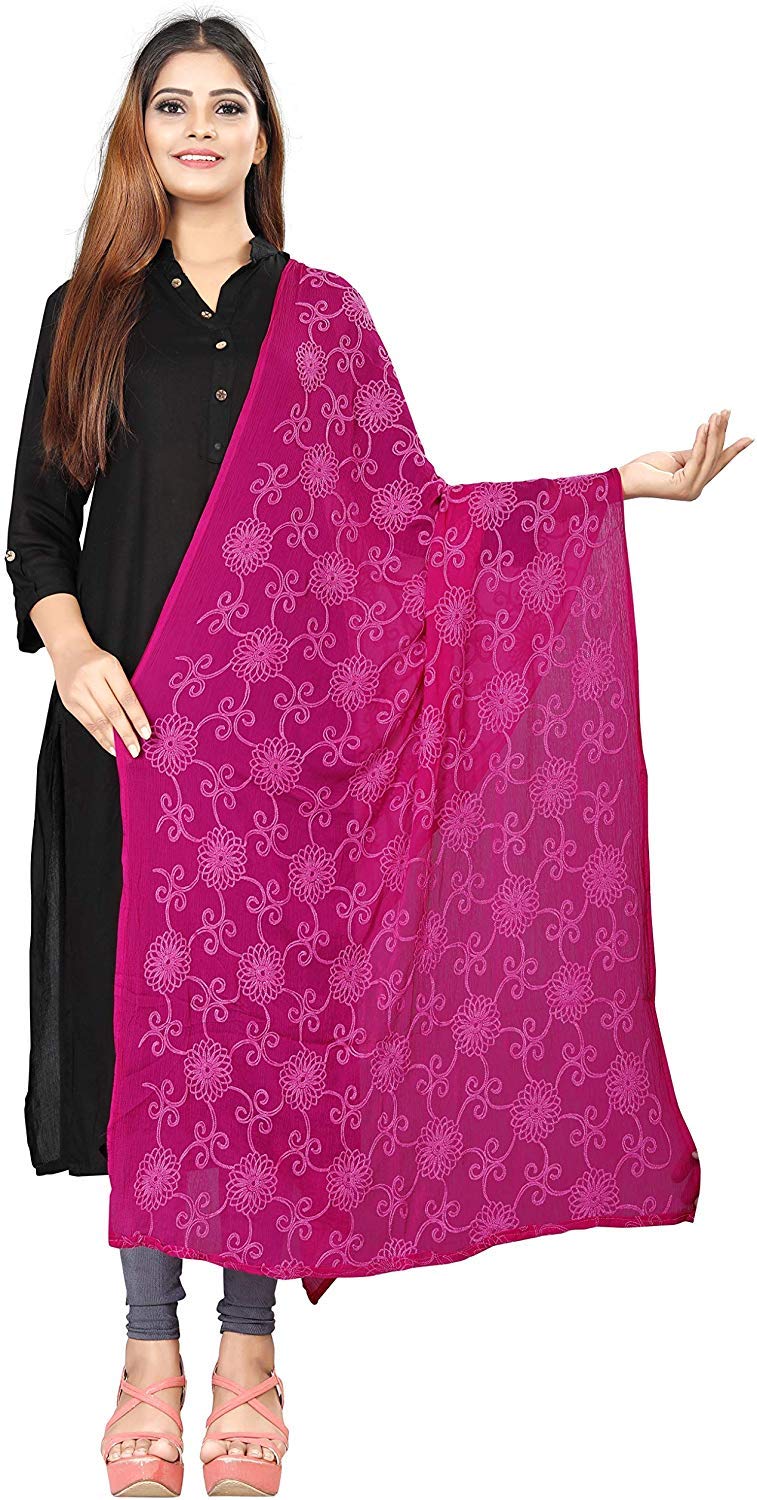 AKSHAR LLC Women's Designer Pure Chiffon Dupatta with Pure Cotton Thread Embroidery Work