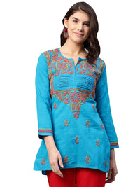 Ada Women's Cotton Top Hand Embroidered Lucknowi Chikankari Tunic Kurti
