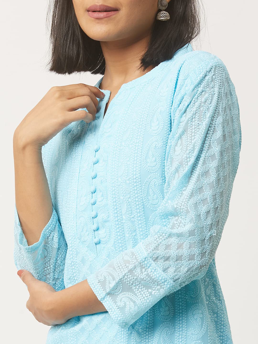 ZOLA Exclusive Georgette V Neck with 3/4th Sleeves and Calf Length Lucknowi Chikankari Ethnic Wear Straight Kurta for Women Pack of 1