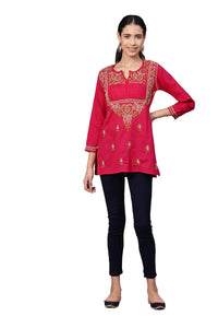 Ada Women's Cotton Top Hand Embroidered Lucknowi Chikankari Tunic Kurti