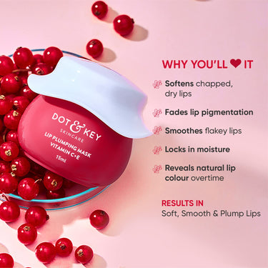 DOT & KEY Lip Plumping Mask With Shea Butter&Vitamin C + E For Naturally Glowing Lips|Smoothes Flaky&Dry Lips|Lip Mask For Soft,Smooth&Plump Lips|(Lingonberry)|15Ml