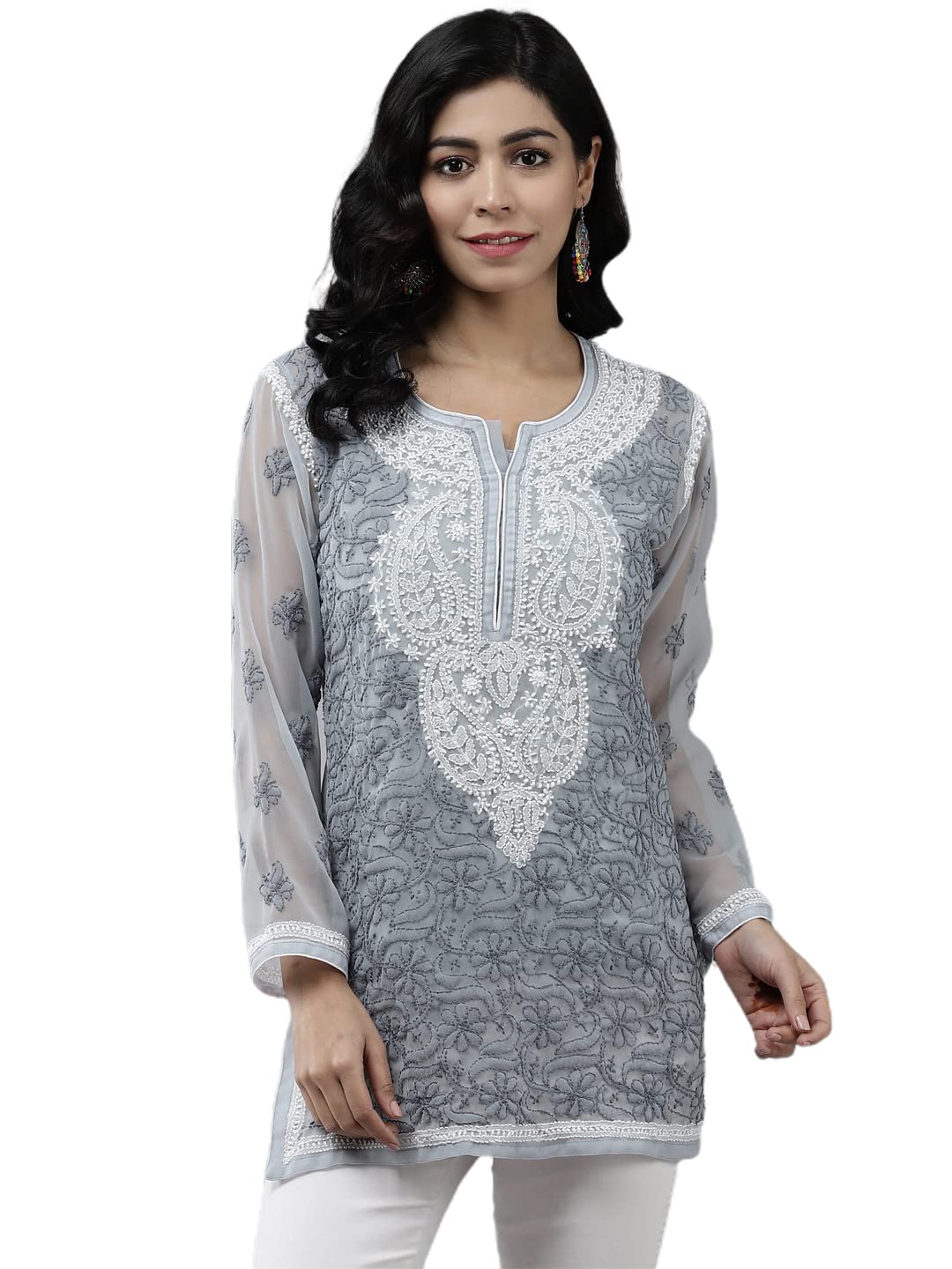 Ada Women's Hand Embroidered Lucknowi Chikankari Georgette Short Top Kurti with Slip
