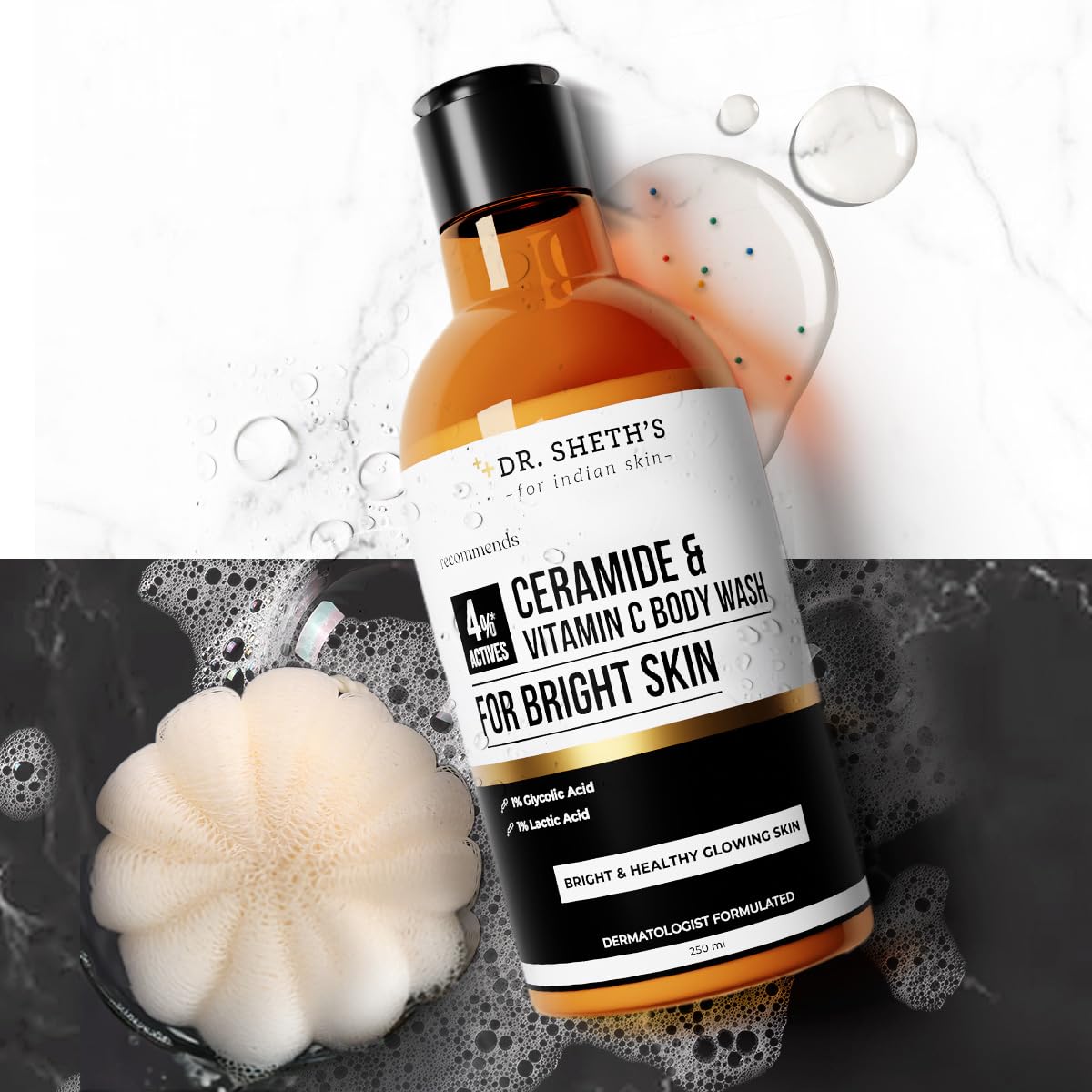 Dr. Sheth's Ceramide & Vitamin C Body Wash | For Bright, Healthy & Glowing Skin | Exfoliates & Evens Skin Tone | 4% Actives (1% Lactic Acid, 1% Glycolic Acid & 2% Niacinamide) | Sulphate Free | Gentle Exfoliating Shower Gel | Removes Tan & Dead Skin | Hyd