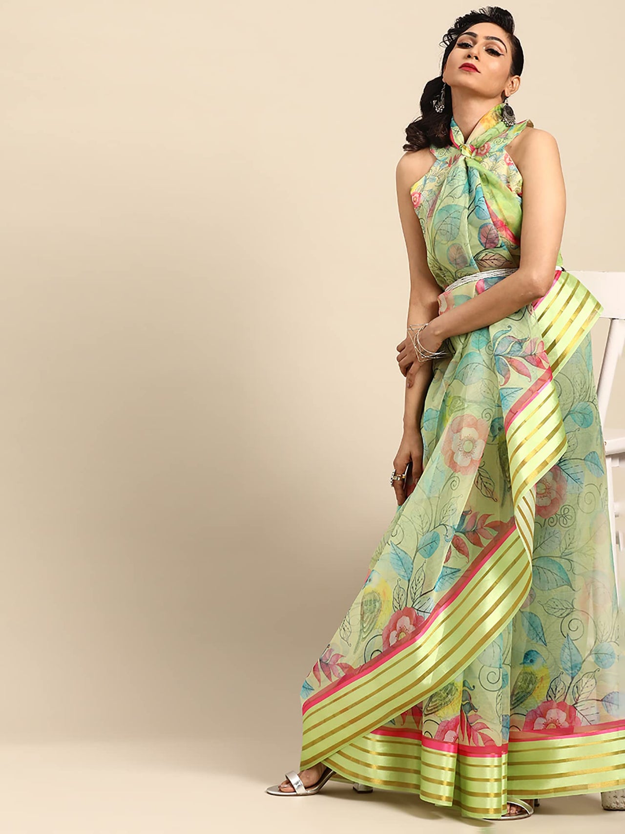 AKHILAM Women's Knit Floral Printed Organza Saree with Unstitched Blouse Piece (FF0SAGE10_Parent)