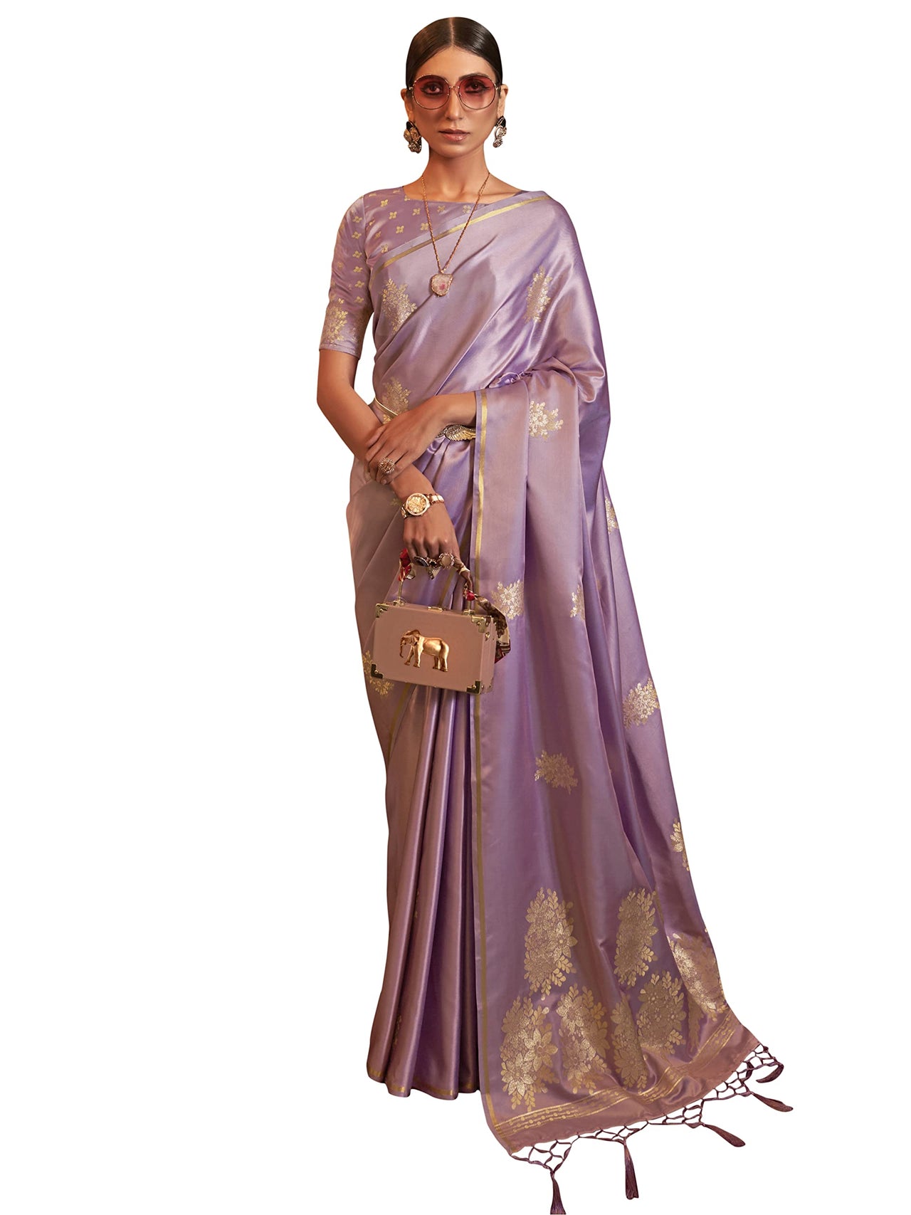 AKHILAM Women's Banarasi Pure Silk Floral Golden Zari Work Woven Design Border Saree with Unstitched Blouse Piece(KSBLE2240_Parent)