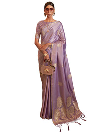 AKHILAM Women's Banarasi Pure Silk Floral Golden Zari Work Woven Design Border Saree with Unstitched Blouse Piece(KSBLE2240_Parent)