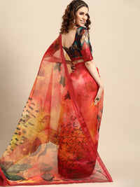 AKHILAM Women's Knit Floral Printed Organza Saree with Unstitched Blouse Piece (FF0SAGE10_Parent)