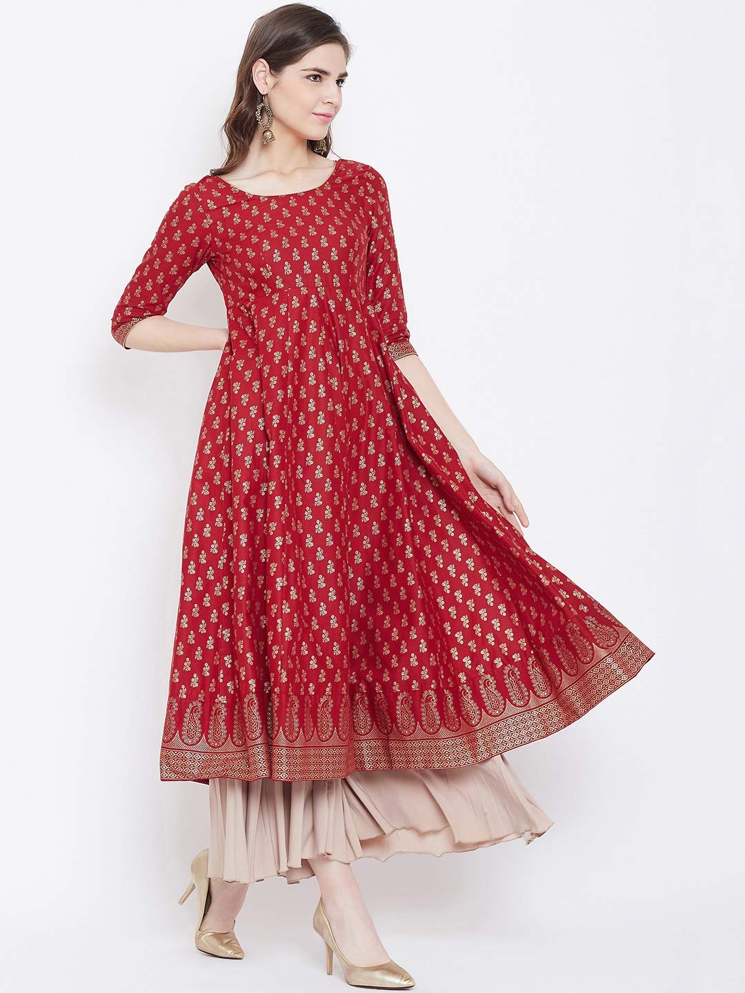 "PH" POSHAKHUB Adorable Women's Soft Cotton Printed Cap Sleeve Anarka Kurti