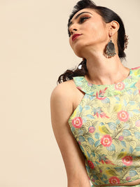 AKHILAM Women's Knit Floral Printed Organza Saree with Unstitched Blouse Piece (FF0SAGE10_Parent)