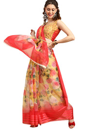 AKHILAM Women's Knit Floral Printed Organza Saree with Unstitched Blouse Piece (FF0SAGE10_Parent)