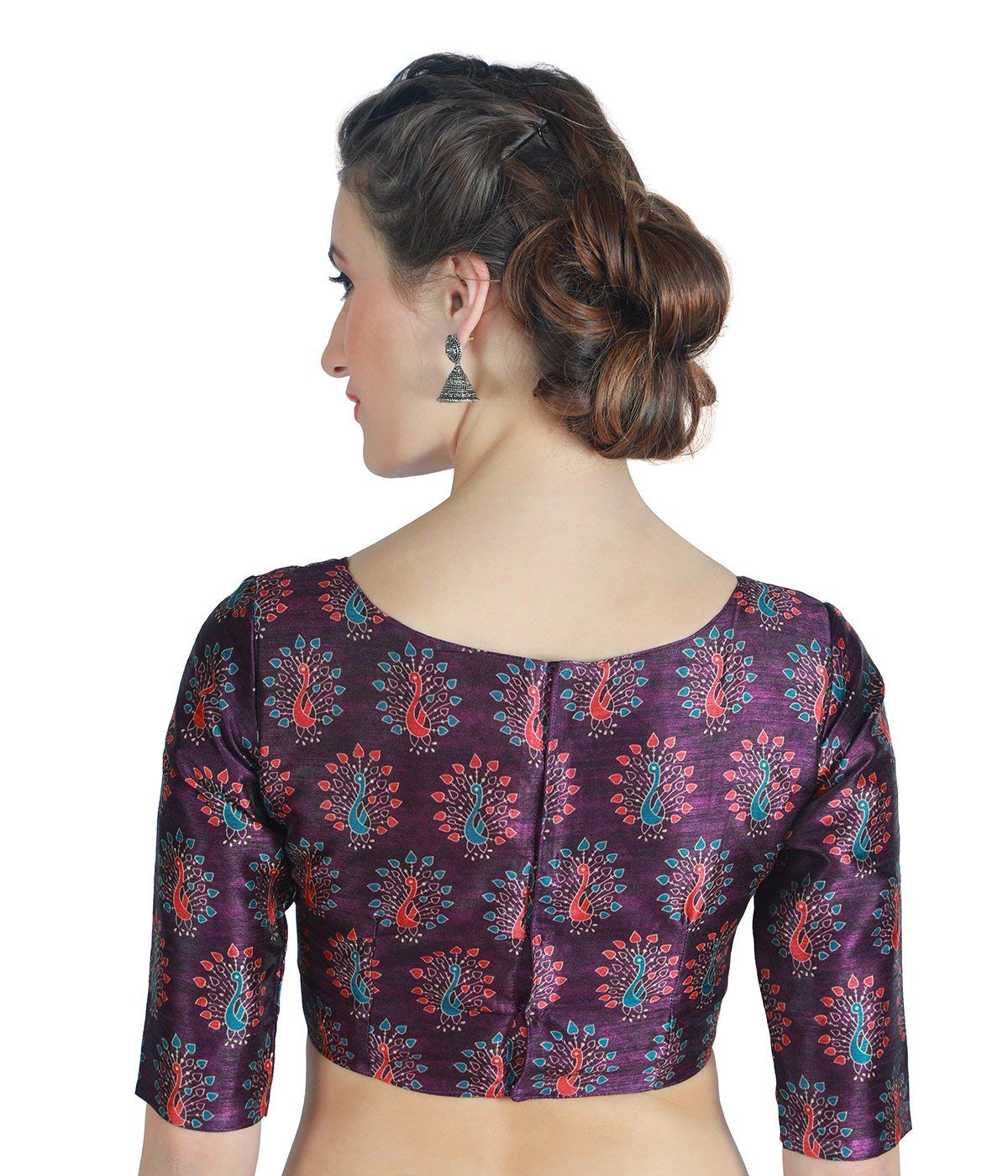 X3 Women's Peacock Print Polyester Elbow Length Sleeves Saree Blouse