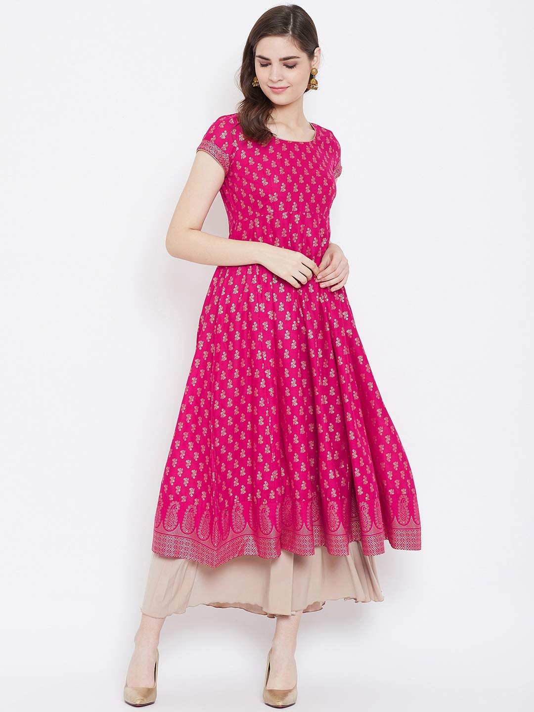 "PH" POSHAKHUB Adorable Women's Soft Cotton Printed Cap Sleeve Anarka Kurti