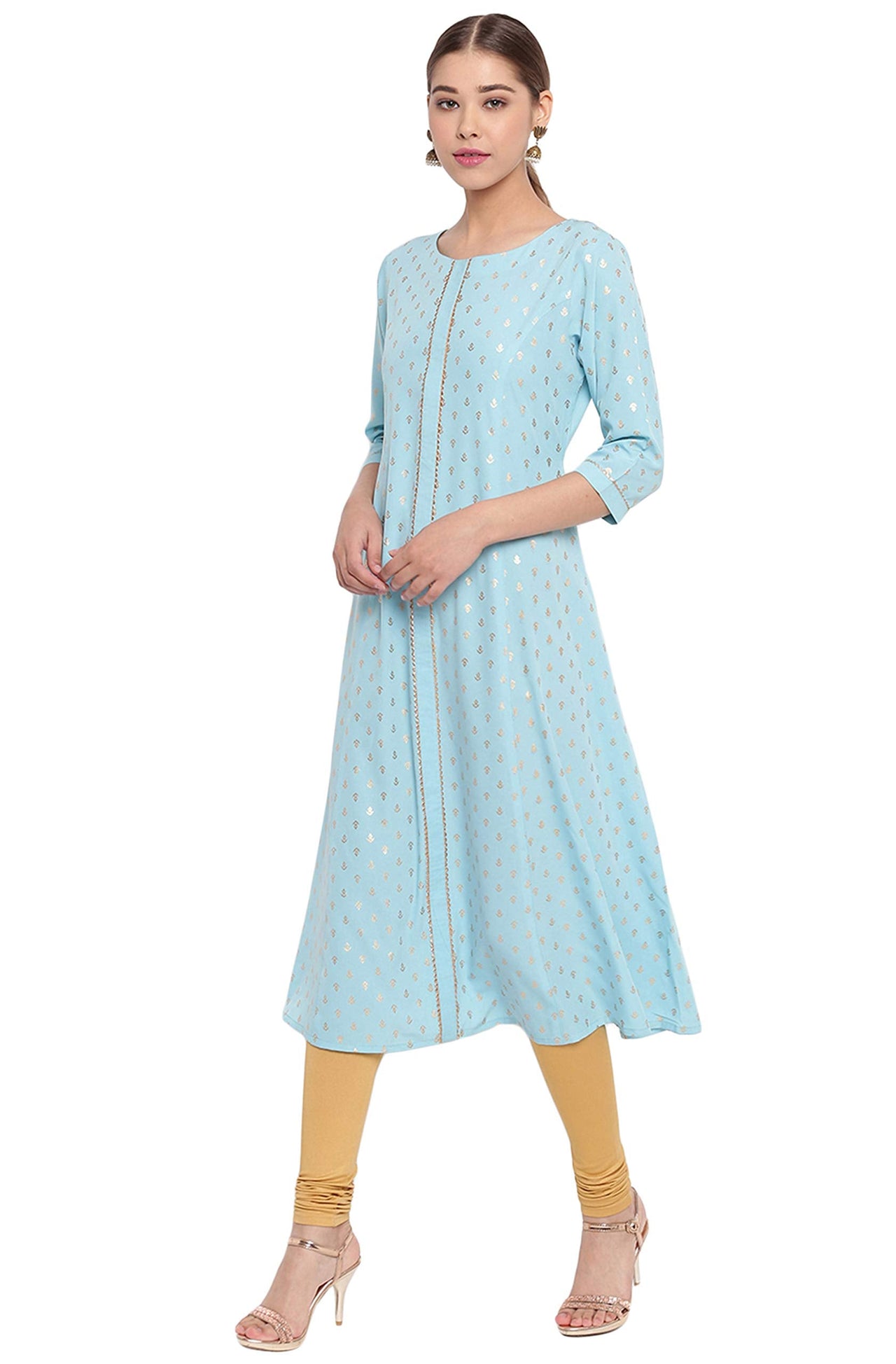 Janasya Women's Turquoise A-Line Poly Crepe Kurta