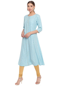 Janasya Women's Turquoise A-Line Poly Crepe Kurta