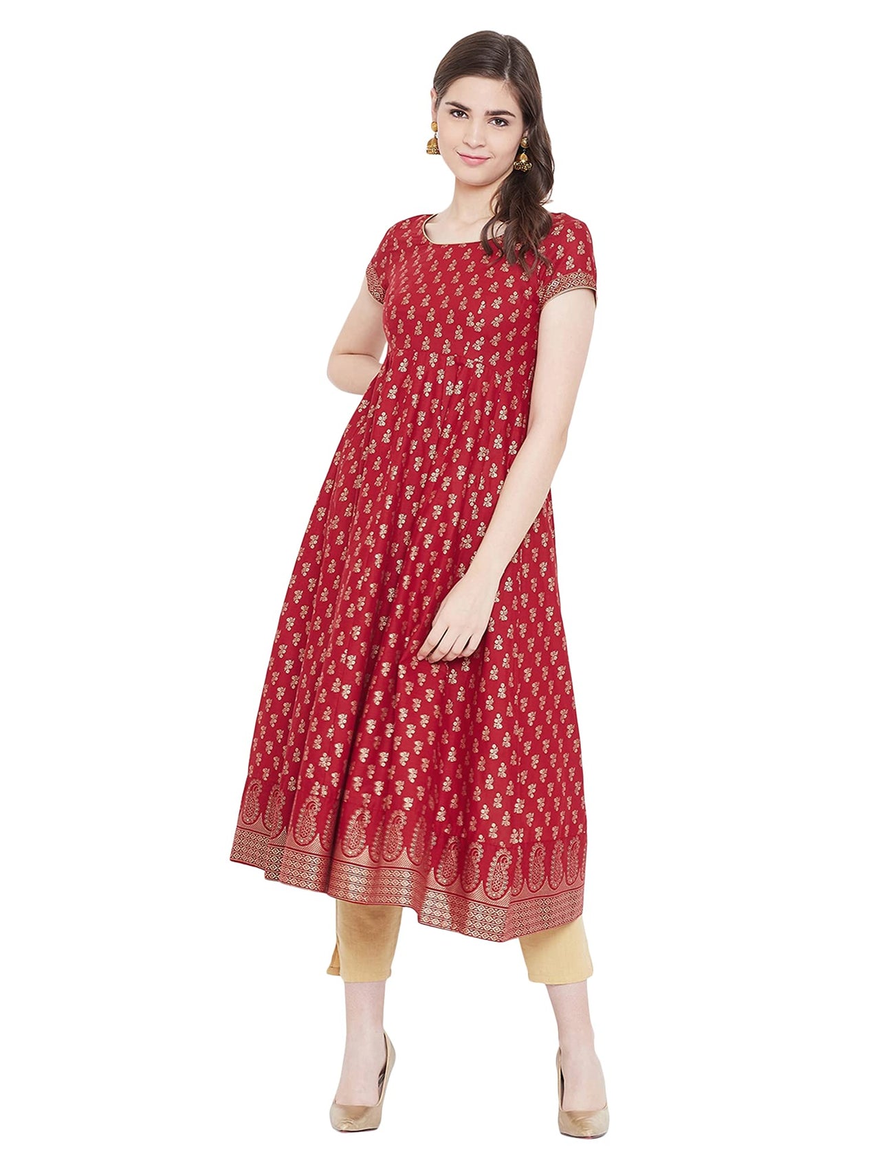 "PH" POSHAKHUB Adorable Women's Soft Cotton Printed Cap Sleeve Anarka Kurti
