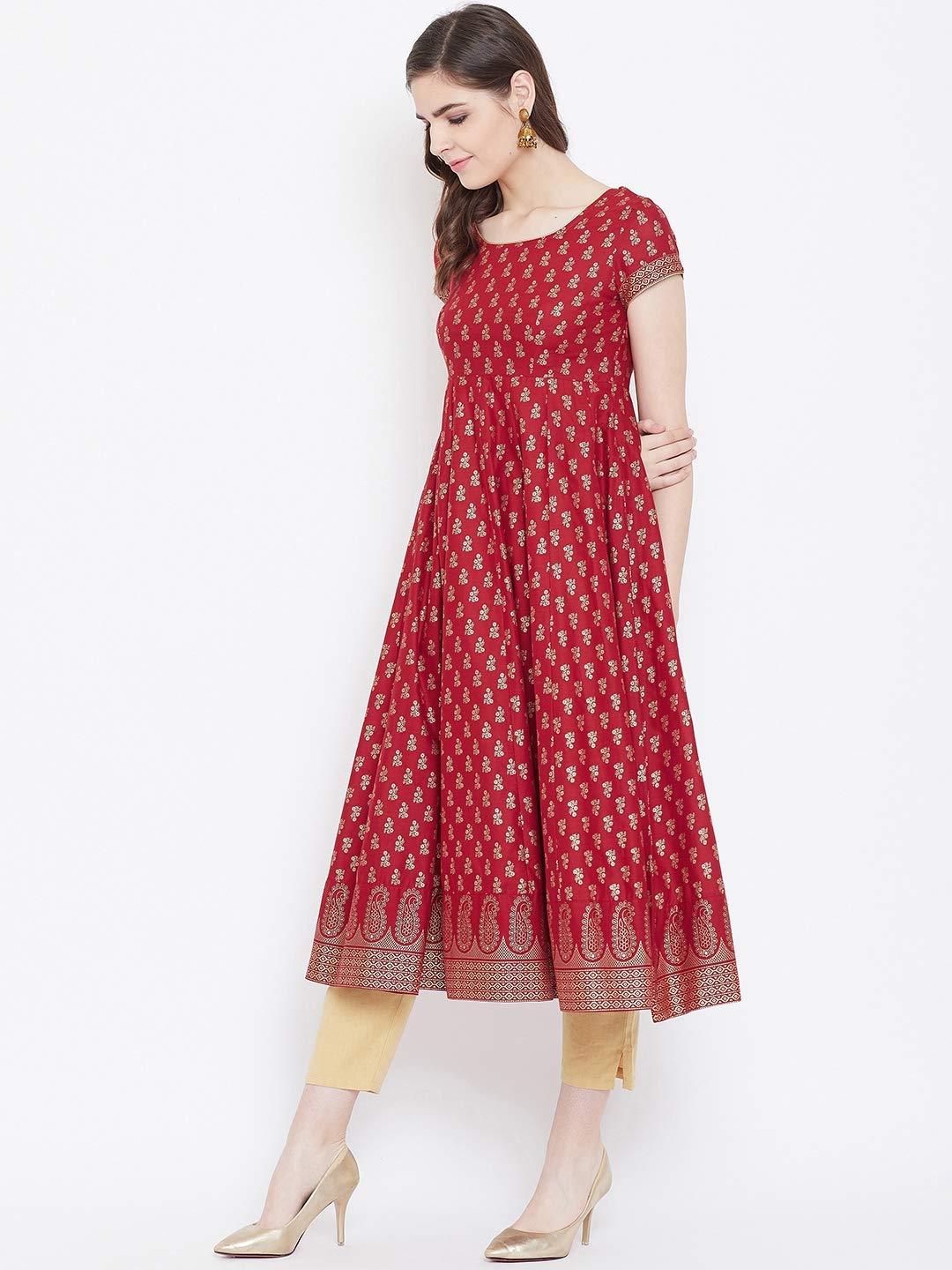 "PH" POSHAKHUB Adorable Women's Soft Cotton Printed Cap Sleeve Anarka Kurti
