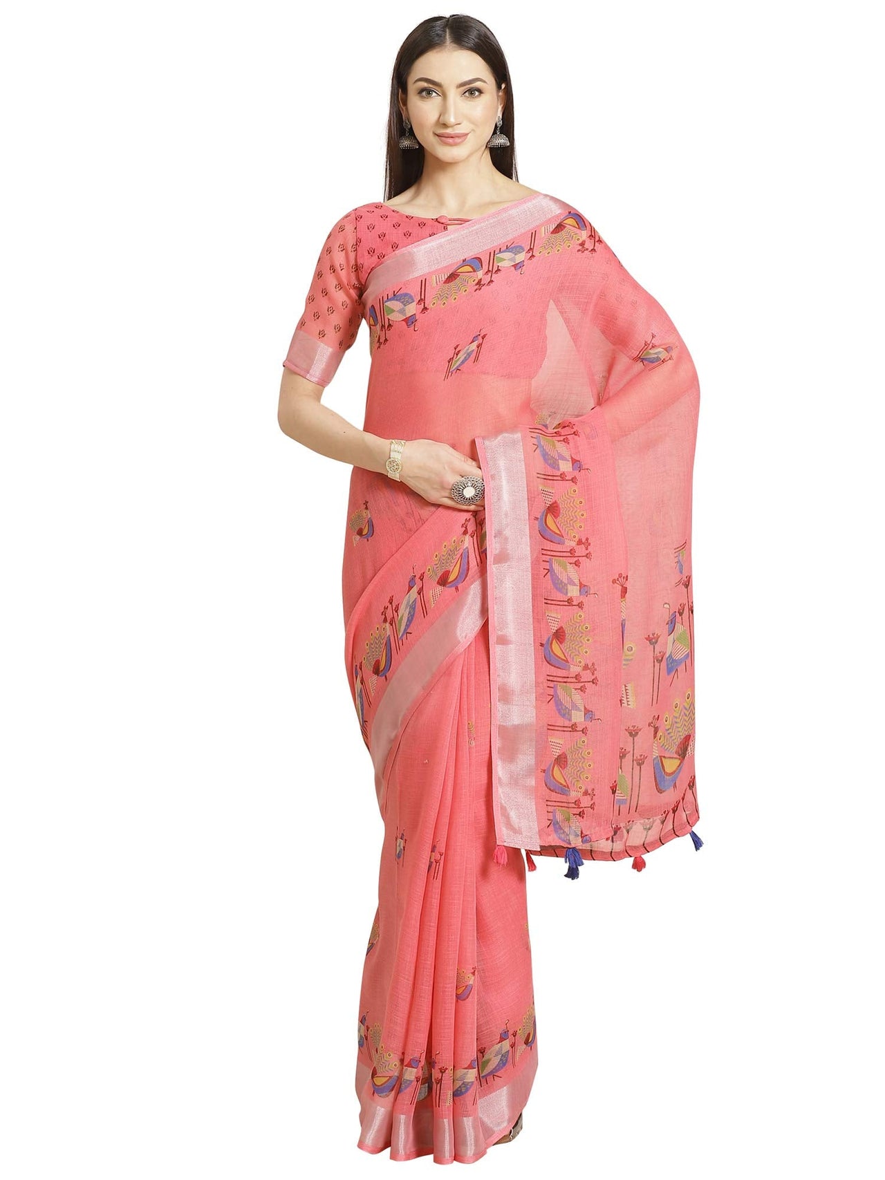 AKHILAM Women's Linen Geometric Saree With Unstitched Boluse Piece