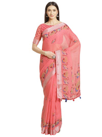 AKHILAM Women's Linen Geometric Saree With Unstitched Boluse Piece