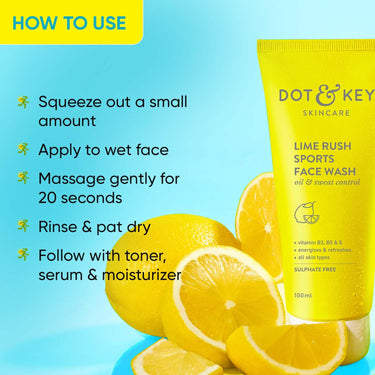 DOT & KEY Lime Rush Sports Face Wash Deep Cleans Oil, Sweat & Dirt For Refreshingly Clean & Oil Free Skin For All Skin Types Sulphate Free & Non Drying Facewash Active Sports Friendly 100Ml