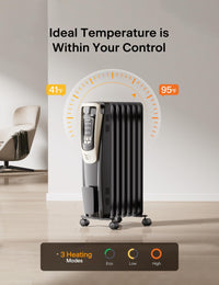 PELONIS Oil Filled Radiator, Electric Space Heater for Indoor Use Large Room with Thermostat & Remote, 3 Modes & 3 Heat Settings, ECO Mode, 24H Timer, Quiet, Overheat & Tip-Over Protection, 1500W Premium with LED Display Black