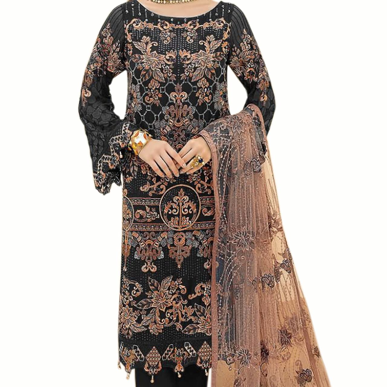Miss Ethnik Women's Faux Georgette Semi Stitched Top With Unstitched Santoon Bottom and Net Dupatta Embroidered Straight Top Dress Material (Pakistani Salwar Suit)