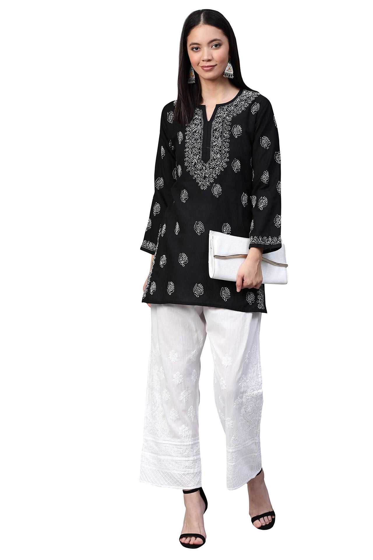 Ada Women's Hand Embroidered Lucknow Chikan Pure Cotton Palazzo