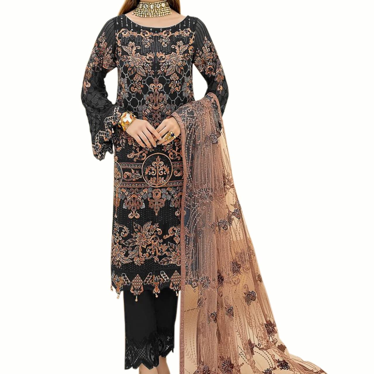 Miss Ethnik Women's Faux Georgette Semi Stitched Top With Unstitched Santoon Bottom and Net Dupatta Embroidered Straight Top Dress Material (Pakistani Salwar Suit)