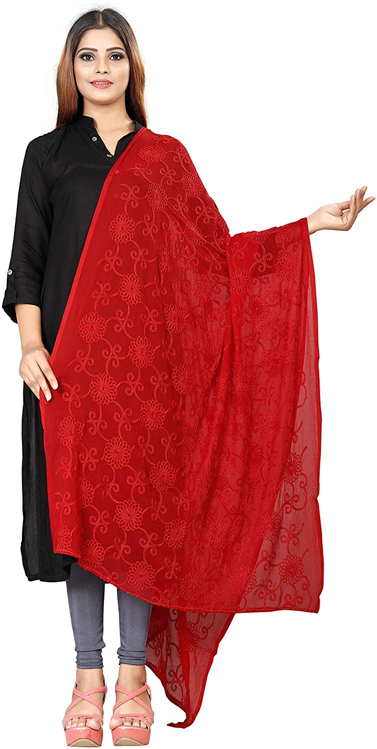 AKSHAR LLC Women's Designer Pure Chiffon Dupatta with Pure Cotton Thread Embroidery Work