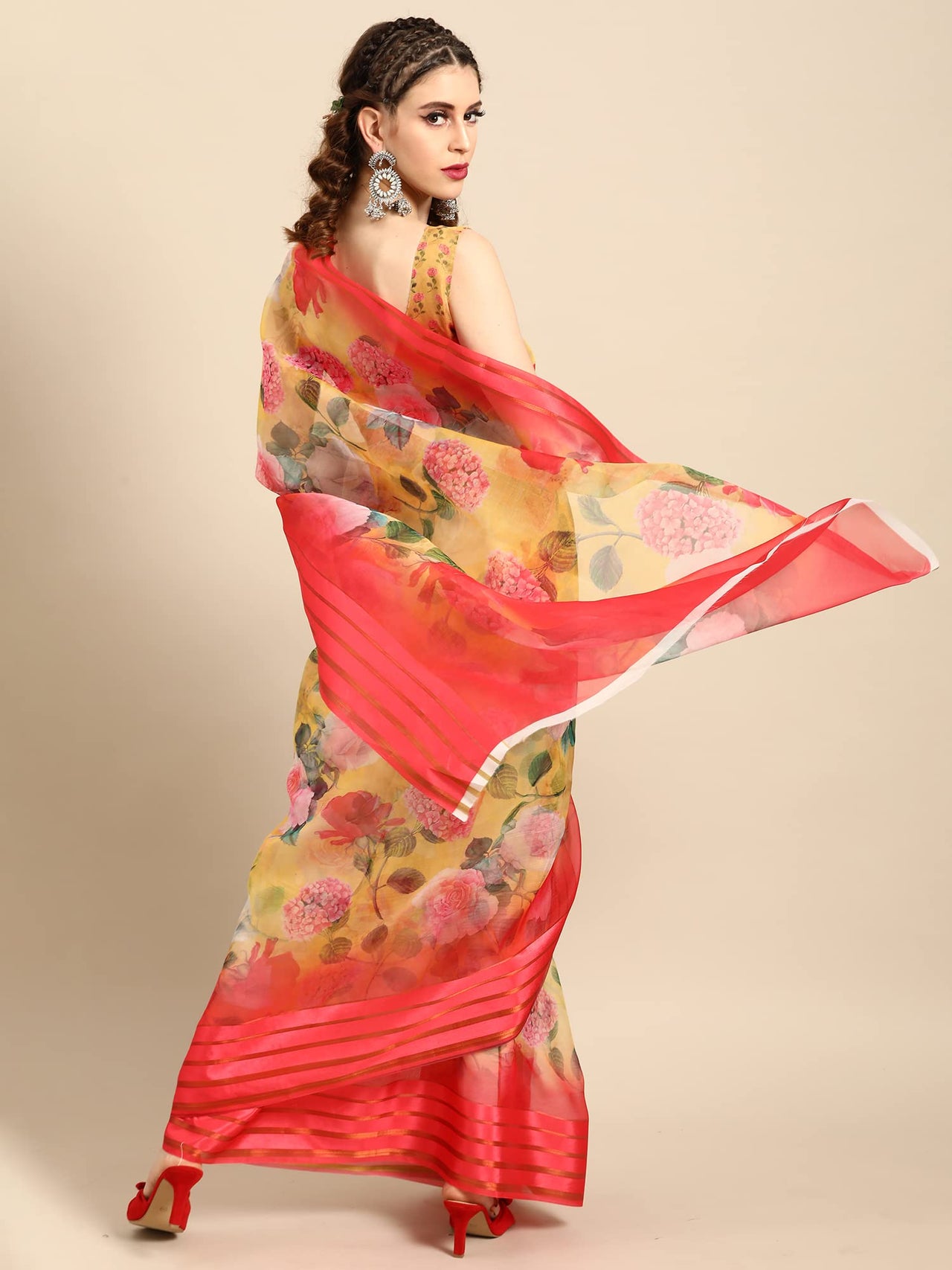 AKHILAM Women's Knit Floral Printed Organza Saree with Unstitched Blouse Piece (FF0SAGE10_Parent)