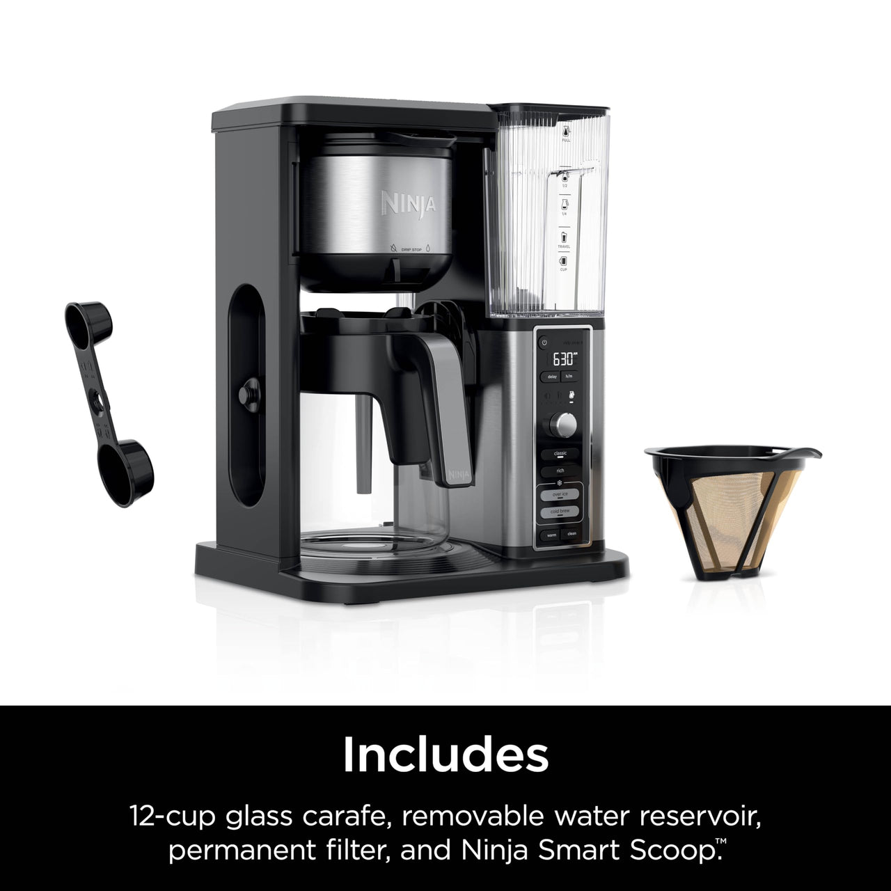 Ninja Specialty Coffee Maker, Hot & Iced Coffee, 6 Brew Styles, 8 Sizes, Small Cup to Travel Mug, 10-Cup Carafe, Fold-Away Frother, Permanent Filter, Removable Reservoir, Black, CM401 10 cup - Stainless Steel