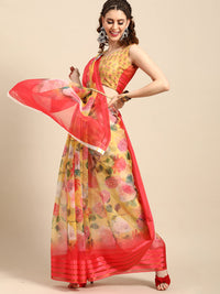 AKHILAM Women's Knit Floral Printed Organza Saree with Unstitched Blouse Piece (FF0SAGE10_Parent)