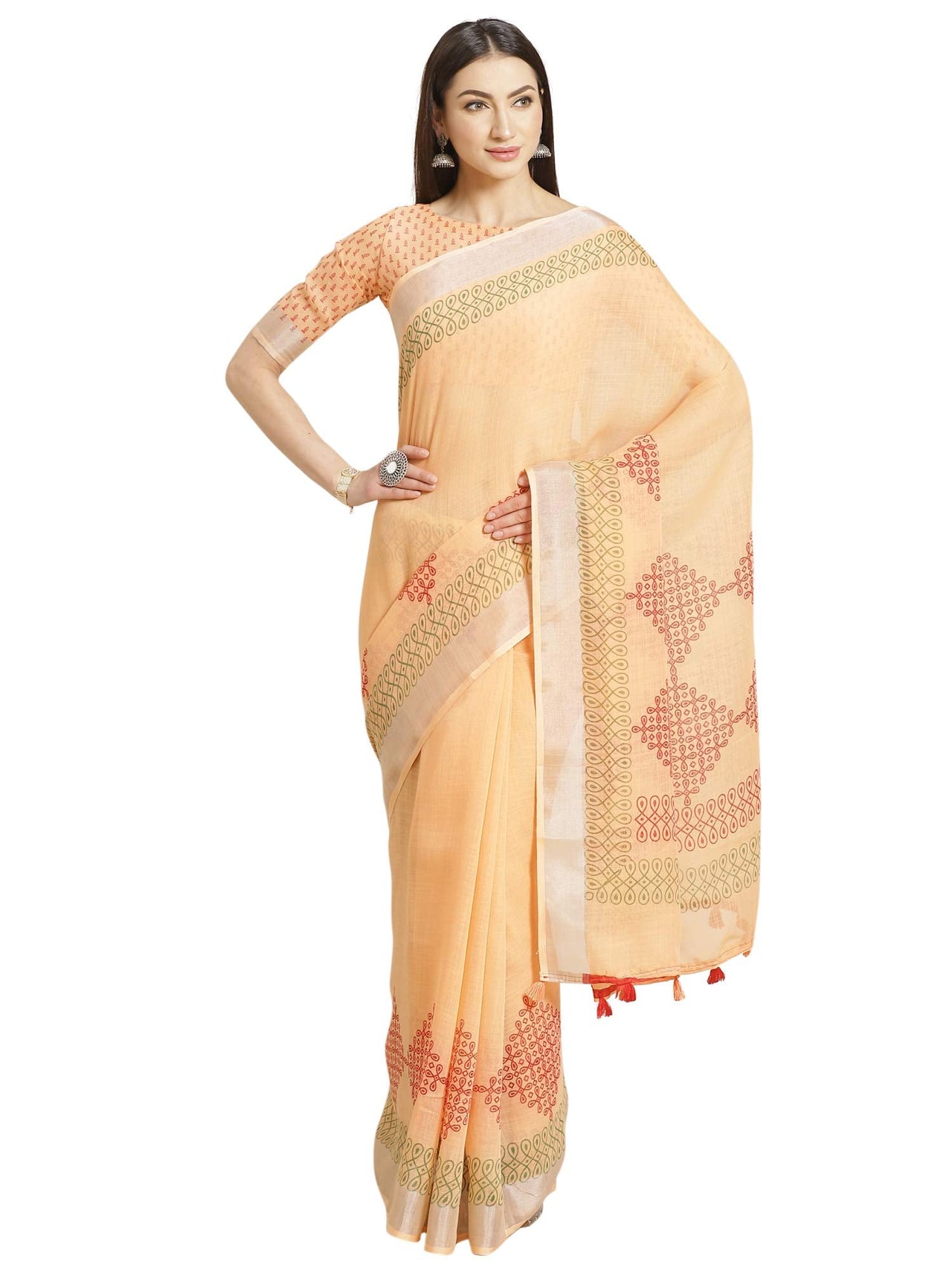 AKHILAM Women's Linen Geometric Saree With Unstitched Boluse Piece