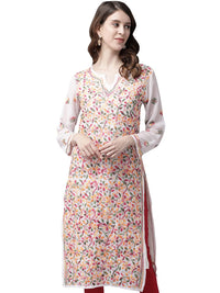 Ada Hand Embroidered Women's Georgette Lucknowi Chikankari Kurta with Slip A90397 White