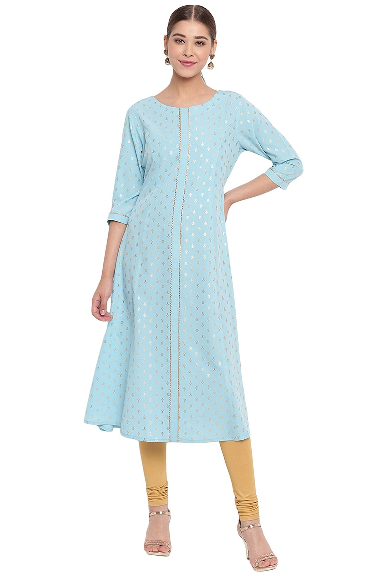 Janasya Women's Turquoise A-Line Poly Crepe Kurta