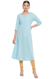 Janasya Women's Turquoise A-Line Poly Crepe Kurta