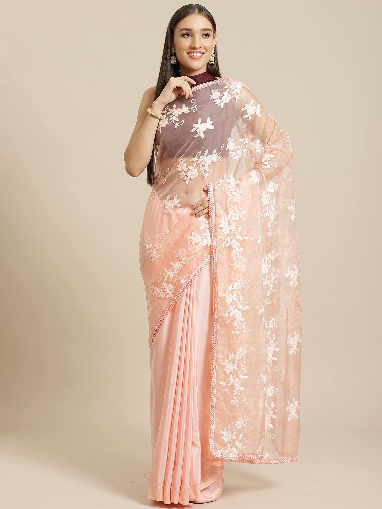 AKHILAM Women's Organza Net Embroidered Saree With Blouse Piece