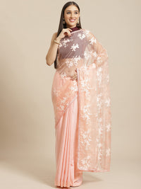 AKHILAM Women's Organza Net Embroidered Saree With Blouse Piece