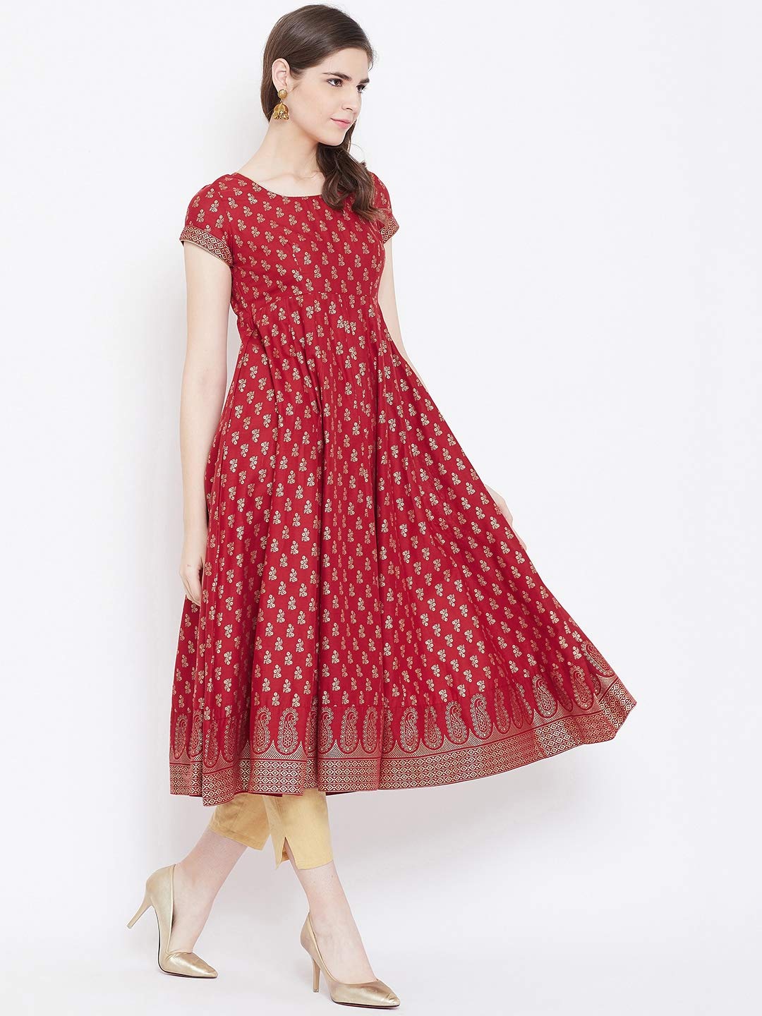 "PH" POSHAKHUB Adorable Women's Soft Cotton Printed Cap Sleeve Anarka Kurti