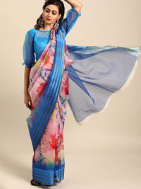 AKHILAM Women's Knit Floral Printed Organza Saree with Unstitched Blouse Piece (FF0SAGE10_Parent)