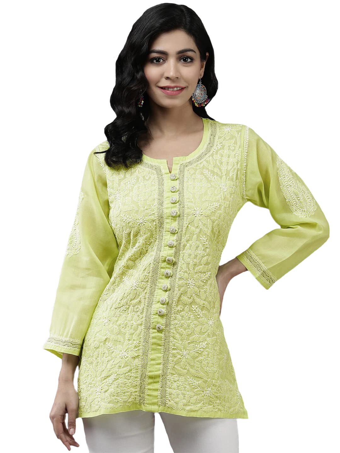 Ada Women's Hand Embroidered Lucknowi Chikankari Cotton Straight Short Top Kurti A178625
