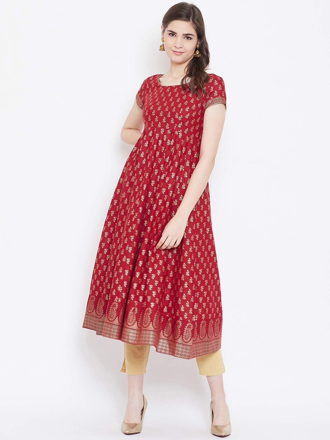 "PH" POSHAKHUB Adorable Women's Soft Cotton Printed Cap Sleeve Anarka Kurti