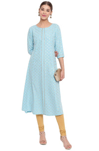Janasya Women's Turquoise A-Line Poly Crepe Kurta