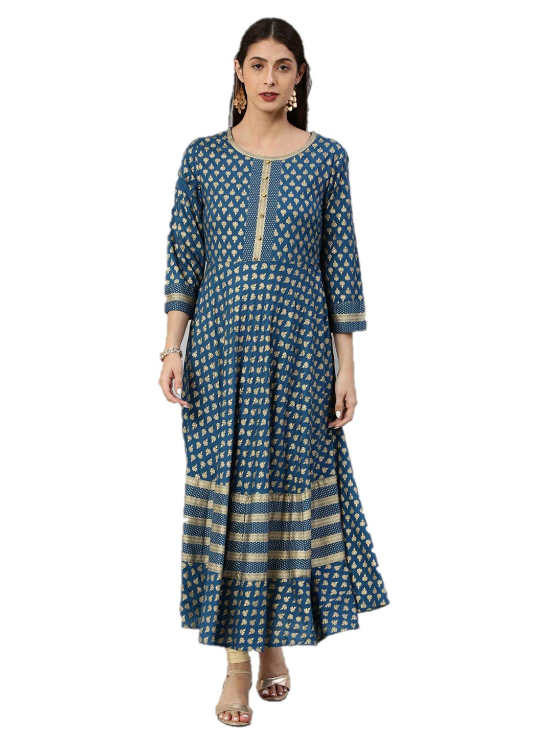 Yash Gallery Women's Rayon Golden Buti Printed Anarkali Kurta