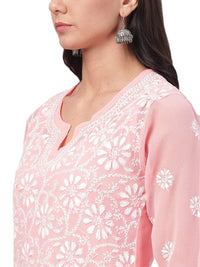 Ada Hand Embroidered Women's Georgette Lucknowi Chikankari Kurta with Slip A90397 White